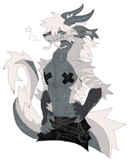 2_horns anthro belt black_belt black_nose black_scutes breath brown_tail cheek_tuft clothed clothing countershading ear_tuft facial_tuft fangs fur grey_body grey_fur grin hair horn male male_anthro multicolored_body multicolored_fur multicolored_tail nipple_tape pasties reverse_countershading scutes smile solo star striped_body striped_fur stripes tail tan_body tan_fur tan_hair tan_stripes tan_tail tan_whiskers tape teal_body teal_countershading teal_ears teal_hands teal_horn teal_scales teal_tail teeth topless topless_anthro topless_male tuft whiskers thorn_paw mythology dragon eastern_dragon furred_dragon furred_scalie mythological_creature mythological_scalie scalie 2025 digital_drawing_(artwork) digital_media_(artwork) hi_res portrait three-quarter_portrait