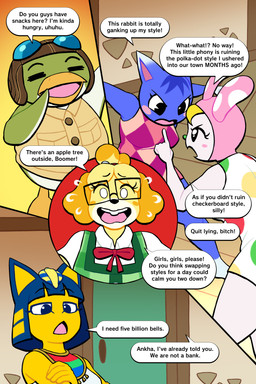 angry anthro argument blush blush_stickers dialogue eyelashes eyewear female glasses group long_eyelashes speech_bubble text lovetopullmicke animal_crossing nintendo ankha_(animal_crossing) boomer_(animal_crossing) chrissy_(animal_crossing) isabelle_(animal_crossing) rosie_(animal_crossing) avian bird canid canine canis domestic_cat domestic_dog felid feline felis lagomorph leporid mammal penguin rabbit 2:3 absurd_res comic english_text hi_res