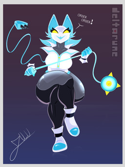 anthro border crossed_legs eyelashes female glistening grey_border simple_background smile solo tail thick_thighs weapon juwu deltarune undertale_(series) tasque_manager humanoid 3:4 absurd_res hi_res