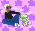 clothed clothing drugs duo eyewear feral fur looking_at_viewer male marijuana simple_background smoking sunglasses batboybasil nintendo pokemon real_world snoop_dogg snoop_dogg_(character) felid feline generation_9_pokemon human mammal pokemon_(species) sprigatito digital_media_(artwork) hi_res