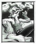 anthro bedroom_eyes breasts cigarette cleavage clothed clothing female furniture hair hair_over_eye looking_at_viewer narrowed_eyes no_bra open_mouth open_smile seductive sitting smile smoking smoking_cigarette sofa solo tashanna kim_arndt canid canine canis mammal wolf