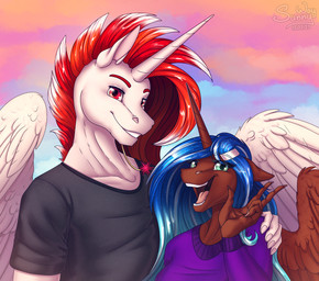 anthro duo evening female happy horn hug male open_mouth smile sunset wings sunny_way friendship_is_magic hasbro my_little_pony mythology equid equine horse mammal mythological_creature mythological_equine pony winged_unicorn digital_media_(artwork) hi_res portrait