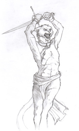 anthro arms_above_head blood blood_on_chest bodily_fluids bottomwear chain chest_wound clothing collar cuff_(restraint) fur holding_melee_weapon holding_object holding_sword holding_weapon lock loincloth looking_forward male melee_weapon open_mouth padlock restraints scar simple_background solo standing sword tail weapon white_background wounded wrist_cuffs 0laffson enorach_(0laffson) caracal caracal_(genus) felid feline mammal 2016 hi_res sketch traditional_media_(artwork)