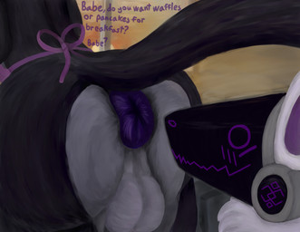 anthro anus apron apron_only balls big_anus big_balls big_butt black_body black_fur blush butt butt_focus clothing duo fur genitals grey_body grey_fur machine male male/male puffy_anus purple_anus purple_eyes sunrise tail text white_body white_fur window sultreve felid feline mammal protogen absurd_res hi_res