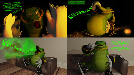 abdominal_bulge angry anthro black_clothing black_footwear black_shoes black_sneakers blue_body blue_fur burp_cloud burping chain clothing dialogue digestion electronics footwear fur furniture gloves gold_(metal) gold_chain green_body green_scales group hand_on_belly handwear headphones holidays jack-o'-lantern looking_pleasured male male_pred male_prey night on_sofa satisfied scales sitting sitting_on_sofa sofa swallowing tan_body tan_fur text trio vore white_clothing white_gloves white_handwear yellow_eyes vorefan16 halloween idw_publishing sega sonic_the_hedgehog_(comics) sonic_the_hedgehog_(idw) sonic_the_hedgehog_(series) rough_the_skunk tumble_the_skunk vector_the_crocodile crocodile crocodilian mammal mephitid reptile scalie skunk 16:9 2024 3d_(artwork) digital_media_(artwork) english_text hi_res widescreen