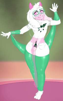 animal_genitalia anthro arm_tuft armwear ball_tuft balls barefoot blush bodily_fluids bottomwear cheek_tuft chest_markings chest_tattoo chest_tuft clothed clothing cuff_(restraint) dancer_outfit dancing delta_rune_(emblem) ear_piercing ear_tuft embarrassed eyelashes eyewear facial_tuft feet femboy fluffy fur genitals glasses glistening glistening_clothing glistening_eyes green_clothing green_markings head_tuft highlights_(coloring) horn ineffective_clothing leg_tuft loincloth long_ears long_eyelashes male markings metal metal_cuffs navel nervous nervous_smile penis penis_poking_out penis_tip piercing pink_clothing pink_eyes pink_horn pink_pupils pubes pupils restraints sheath shoulder_tuft shy silver_(metal) small_waist smile solo sparkles sparkling_clothing squish stage stage_lights sweat symbol tattoo thick_thighs thigh_squish tight_clothing translucent translucent_clothing tuft white_body white_fur cereshinu deltarune undertale_(series) ralsei bovid caprine goat humanoid mammal hi_res shaded signature