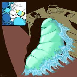 after_transformation ambiguous_gender anthro boils box chrysalis container controller furniture remote_control ringed_eyes simple_background solo table skeletronic ambiguous_species boogie_(species) goo_creature 1:1 absurd_res comic digital_drawing_(artwork) digital_media_(artwork) hi_res