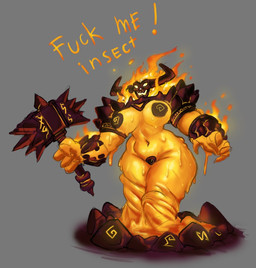 big_breasts bone breasts brown_horn crossgender dialogue female fire flaming_hair front_view grey_background hammer holding_hammer holding_object holding_tool holding_weapon horn huge_breasts maebari navel pasties pseudo_hair simple_background skull skull_head solo text thick_thighs tools weapon wide_hips fram_lina blizzard_entertainment warcraft ragnaros_the_firelord elemental_creature fire_creature horned_humanoid humanoid