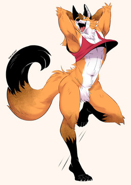 abs anthro athletic athletic_anthro athletic_male barefoot bottomless bottomless_anthro bottomless_male claws clothed clothing crop_top crotch_tuft eyebrows featureless_crotch feet fur grey_background hands_behind_head looking_at_viewer male navel on_one_leg open_mouth open_smile plantigrade shirt simple_background smile solo standing tank_top teeth tongue topwear tuft whiskers bennycartoonist canid canine fox mammal 2025 absurd_res hi_res signature