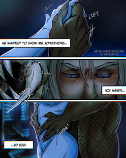 clothed clothing duo fangs female fishnet_clothing male male/female nail onomatopoeia size_difference sound_effects teeth text white_clothing acethemutant predator_(franchise) alien human humanoid mammal yautja comic english_text hi_res