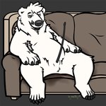 animal_genitalia animal_penis anthro armpit_hair balls black_penis body_hair disproportionate_genitalia erection fur furniture genitals laid_back long_penis male nude open_mouth overweight overweight_male penis relaxed_expression sheath simple_background sitting slightly_chubby small_balls sofa solo spread_legs spreading sweat_stain thin_penis ursine_penis white_body white_fur kumatsu bear mammal polar_bear ursine 1:1 digital_media_(artwork) hi_res