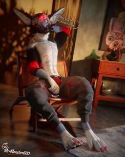 anthro black_body black_fur bottomwear bulge clothing feet fur hat headgear headwear inside light male pants paws red_body red_fur smile smirk solo speech_bubble sunlight teasing teasing_viewer text twunk underwear white_body white_fur mrrmonsterr600 prince_monster canid canine fox mammal rexouium 3d_(artwork) 4:5 absurd_res blender_(artwork) blender_cycles_(artwork) digital_media_(artwork) hi_res watermark