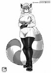 anthro biped bottomwear breasts claws clothing eyewear female fluffy fluffy_tail fur glasses holding_object inner_ear_fluff looking_at_viewer pants paws ribbed_clothing ribbed_sweater simple_background smile solo standing sweater tail topwear tuft white_background murazaki ailurid mammal red_panda 2020 absurd_res full-length_portrait greyscale hi_res monochrome portrait