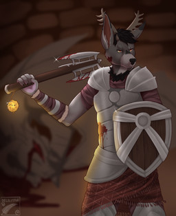 anthro antlers armor blood blood_on_face bodily_fluids cleric clothed clothing eye_scar facial_scar fantasy fantasy_weapon fur grey_body grey_fur holy_symbol horn mace male melee_weapon orange_eyes scar shield solo weapon european_mythology mythology background_character ra'deer cervine deer dragon mammal mythological_creature mythological_scalie scalie western_dragon 2015 hi_res