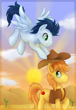 blue_body blue_feathers blue_fur blue_hair bottomless cactus clothed clothing cloud cowboy_hat cutie_mark day detailed_background duo feathered_wings feathers feral flying frown fur green_eyes hair hat headgear headwear holding_clothing holding_hat holding_headgear holding_headwear holding_object looking_at_another looking_down looking_up male nude orange_hair outside plant quadruped side_view sky smile spread_wings sun tail toony topwear vest wings yellow_body yellow_fur mn27 friendship_is_magic hasbro my_little_pony mythology braeburn_(mlp) soarin_(mlp) wonderbolts_(mlp) earth_pony equid equine horse mammal mythological_creature mythological_equine pegasus pony