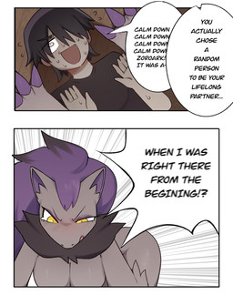anthro biped black_body black_fur black_hair breasts claws cleavage clothed clothing dialogue duo exclamation_point female fingers fur grey_body grey_fur hair lying male multicolored_body multicolored_fur on_back pupils question_mark simple_background slit_pupils speech_bubble text yellow_eyes svkhaiminh nintendo pokemon generation_5_pokemon human mammal pokemon_(species) zoroark english_text hi_res