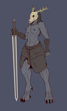 5_fingers abs anthro arm_wraps athletic barefoot black_hair bone breasts casual_exposure clothed clothing digitigrade feet female fingers grey_background grey_body hair holding_object holding_weapon horn long_hair melee_weapon muscular muscular_female navel nipples simple_background skull skull_head solo sword topless topless_female weapon wraps the_man american_mythology indigenous_north_american_mythology mythology north_american_mythology neverra mammal wendigo 2022 3:5 absurd_res hi_res