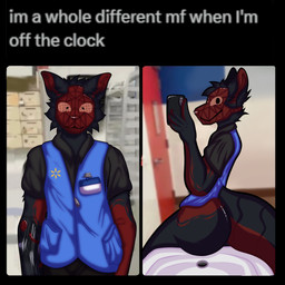 anthro bathroom black_body black_fur electronics fur looking_at_viewer machine male phone ramen_wolf selfie sink solo galaxymaw domino's_employee_before_and_after walmart canid canine canis domestic_dog mammal protogen 1:1 absurd_res hi_res meme