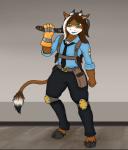 anthro biped brown_body brown_fur clothed clothing femboy fur gloves green_eyes hair handwear holding_object holding_tool holster hooves horn long_hair looking_at_viewer male necktie solo standing tools wide_hips wrench void_lizard team_fortress_2 valve engineer_(team_fortress_2) harley_(moo) bovid bovine cattle mammal hi_res