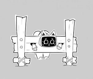 ambiguous_gender anthro butt for_a_head kneeling kneeling_on_ground machine restrained restraints sad screen screen_face simple_background solo stocks submissive mardymuntjak cult_of_the_lamb massive_monster_(studio) voices_of_the_void kerfur_omega_(votv) domestic_cat felid feline felis mammal robot robot_anthro 2026 digital_media_(artwork) hi_res monochrome sketch