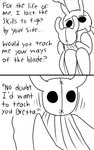 2_panel_comic ambiguous_gender antennae_(anatomy) biped black_text dialogue ellipsis eyebrows looking_at_object motion_lines plushie question_mark simple_background sitting solo text white_background skeletorskeletonized hollow_knight team_cherry bretta_(hollow_knight) the_knight_(hollow_knight) arthropod beetle insect 2020 5:8 comic digital_media_(artwork) english_text hi_res female_(lore)