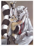 anthro black_nose border claws clothed clothing duo front_view fully_clothed fur glass grey_body grey_fur hair holding_glass holding_object holidays hug long_hair looking_at_viewer male markings necktie partners pink_nose ring_(marking) ringed_tail romantic romantic_couple side_view simple_background sitting striped_markings striped_tail stripes tail tail_markings teeth white_border white_hair terrie_smith new_year chester_ringtail_magreer chris_deck_(character) bassariscus cacomistle canid canine canis mammal procyonid wolf together_(disambiguation) 1999 signature traditional_media_(artwork)