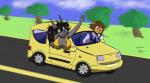 big_breasts bikini black_hair breasts brown_body brown_fur brown_hair car clothing driving duo female fur grey_body grey_fur hair inside_car male necktie swimwear two-piece_swimsuit vehicle sailoranna graphite_(graphite) tracy_(sailoranna) felid lion mammal pantherine procyonid raccoon 2016 hi_res