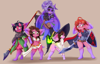 armor black_sclera bodypaint clothing face_paint female hat headgear headwear holding_object holding_weapon horn long_ears lute magic melee_weapon musical_instrument plucked_string_instrument polearm purple_body purple_skin sharp_teeth shield shortstack string_instrument sword teeth weapon witch_hat little_b0t demon horned_humanoid humanoid imp absurd_res hi_res