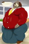 anthro balls_outline belly big_belly big_bulge big_muscles bulge business_suit clothing detailed_bulge genital_outline huge_belly huge_bulge huge_hips huge_muscles hyper hyper_bulge lifting_belly male musclegut muscular solo suit text wide_hips alythewolfcat animal_crossing nintendo digby_(animal_crossing) canid canine canis domestic_dog mammal shih_tzu toy_dog english_text hi_res