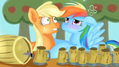 apple apple_tree barrel beer_stein blonde_hair blue_body blush bubble cider clenched_teeth clothing container cowboy_hat cup drunk drunk_bubble duo feathered_wings feathers female female/female feral food freckles fruit fruit_tree furniture green_eyes hair hat headgear headwear multicolored_hair orange_body outside plant purple_eyes rainbow_hair shocked stein substance_intoxication table teeth tree wide_eyed wings jbond friendship_is_magic hasbro my_little_pony mythology applejack_(mlp) rainbow_dash_(mlp) earth_pony equid equine horse mammal mythological_creature mythological_equine pegasus pony 16:9 hi_res redraw widescreen