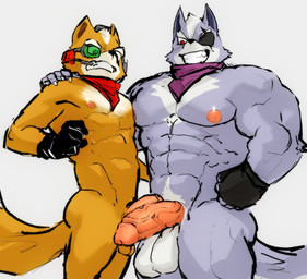 abs anthro ball_size_difference balls big_balls big_muscles big_penis comparing comparing_penis duo frottage fur genitals grey_body grey_fur humanoid_genitalia humanoid_penis male male/male muscular muscular_anthro muscular_male nipples orange_body orange_fur pecs penile penis penis_size_difference penises_touching red_eyes sex vein veiny_penis tora_gy nintendo star_fox fox_mccloud wolf_o'donnell canid canine canis fox mammal wolf