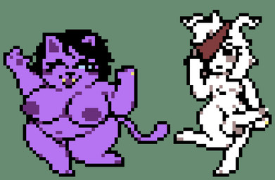 accessory alternate_universe anthro areola balls big_balls big_breasts big_butt big_ears big_penis black_hair blush bodily_fluids breasts butt digit_ring duo ears_as_hair erection eye_patch eyelashes eyewear fangs female female_anthro fur genital_fluids genitals gynomorph hair horn huge_breasts huge_butt huge_penis humanoid_genitalia humanoid_penis intersex jewelry long_ears looking_at_another looking_at_partner mature_anthro mature_female messy_hair nipples nude one_eye_closed open_mouth overweight overweight_female pawpads paws penis pose precum purple_body purple_fur ring ring_(jewelry) simple_background slim small_waist smile standing tail teeth thick_thighs tongue wedding_ring white_body white_fur white_hair wide_eyed wide_hips wink moronicpixels deltarune shiftshiftshift undertale undertale_(series) asriel_dreemurr catty_cattenheimer boss_monster_(undertale) bovid caprine domestic_cat felid feline felis goat mammal digital_media_(artwork) pixel_(artwork)