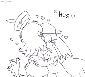 5_fingers anthro blush blushing_profusely clothed clothing daww duo eyes_closed feathers female fingers fully_clothed hair hat headgear headwear heart_symbol hug kissing long_ears male male/female romantic romantic_couple simple_background standing tail tail_motion tailwag text white_background mala_hanum bandai_namco klonoa_(series) klonoa lolo_(klonoa) animal_humanoid domestic_cat felid feline felis haplorhine humanoid hybrid lagomorph leporid mammal mammal_humanoid monkey monkey_humanoid primate primate_humanoid rabbit 2019 digital_drawing_(artwork) digital_media_(artwork) english_text monochrome