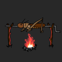 all_the_way_through antennae_(anatomy) brown_body campfire character_prepared_as_food cooked cooked_food cooking death feral fire grey_background impalement penetration roasted roasting_spit segmented_body simple_background spitted x_eyes otherside arthropod cricket insect orthopterid 1:1 digital_media_(artwork) hi_res