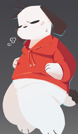 ambiguous_gender anthro black_tail_tip blush blush_lines bodily_fluids bottomless breath clothed clothing cloud_emanata dipstick_tail emanata eyes_closed floppy_ears fur gradient_background grey_background markings mouthless paws red_clothing red_shirt red_topwear shirt short_tail simple_background slightly_chubby slightly_chubby_anthro solo sweat sweatdrop tail tail_markings topwear topwear_only white_body white_fur anonymous_artist sanrio pochacco canid canine canis domestic_dog mammal 2026 digital_media_(artwork) hi_res shaded simple_shading