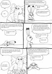 anthro bernielover black_and_white canid canine clothing comic dialogue disney duo elephant elephantid english_text female francine_pennington hi_res judy_hopps lagomorph leporid long_ears male mammal monochrome proboscidean rabbit simple_background size_difference speech_bubble text trunk white_background zootopia