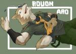 anthro brown_body brown_fur clothed clothing fangs fur green_eyes looking_at_viewer male necktie open_mouth sharp_teeth solo teeth white_body white_fur くっく utau aro_rouon canid canine canis mammal wolf 2013