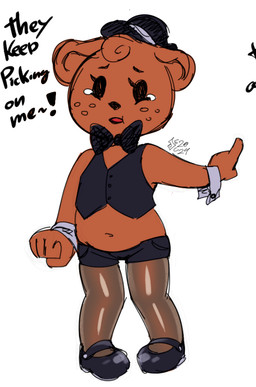 aged_down anthro biped bodily_fluids bow_tie brown_body clothed clothing dialogue eyebrows female footwear freckles front_view gesture hand_gesture hat head_tuft headgear headwear legwear midriff navel open_mouth pantyhose pointing shirt_cuffs solo standing tears text top_hat topwear tuft vest young young_anthro young_female soulcentinel five_nights_at_freddy's roommates:motha scottgames bear mammal 2024 digital_media_(artwork) english_text