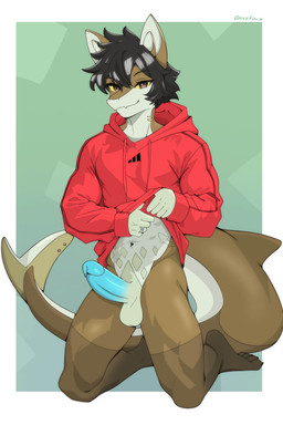 4_ears anthro balls black_hair blue_penis bottomless brown_body clothed clothing clothing_lift erection furgonomic_piercing furgonomics genitals gills hair hoodie hoodie_lift hoodie_only humanoid_genitalia humanoid_penis long_hair male multi_ear navel navel_piercing nude penis piercing rib_tattoo solo tail tail_piercing thick_tail topwear topwear_only nyxfin99 thel_the_nurse_shark aquatic carpet_shark fish ginglymostomatid nurse_shark shark 2:3 absurd_res hi_res