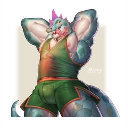 anthro athletic_wear biceps big_penis blush blush_lines bodily_fluids bottomwear bulge clothed clothing facial_piercing forked_tongue genital_fluids genitals gym_bottomwear gym_shorts hands_behind_head humanoid_genitalia humanoid_penis ineffective_clothing long_tongue looking_at_viewer male muscular muscular_anthro muscular_male nipple_slip nipples nose_piercing nose_ring pecs penis penis_under_clothes piercing pink_nipples precum raised_arms revealing_shirt revealing_tank_top ring_piercing sharp_teeth shirt shorts simple_background skimpy solo spikes spikes_(anatomy) sportswear standing tail tank_top teeth tenting tongue tongue_piercing topwear translucent translucent_clothing translucent_topwear white_background yellow_sclera axiang_cai goat_(movie) sony_corporation sony_pictures modo_olachenko komodo_dragon lizard monitor_lizard reptile scalie 1:1 2026 digital_drawing_(artwork) digital_media_(artwork) hi_res watermark