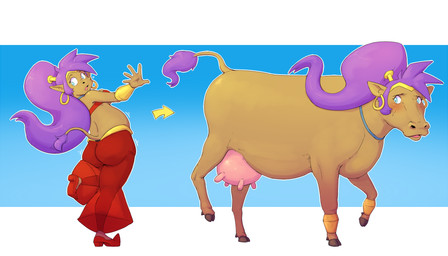 alternate_species before_and_after big_nose blue_background blue_eyes brown_body brown_fur brown_skin butt clothing demi_transformation ear_piercing ear_ring expansion female feral footwear fur gold_(metal) gold_jewelry gradient_background growth hair hooves humanoid_to_feral jewelry looking_back nose_expansion on_one_leg piercing ponytail purple_hair raised_leg ring_piercing sequential_arrow shoes simple_background snout snout_expansion snout_growth solo standing surprised tail tail_growth teats transformation udders white_background wide_nose wide_snout subakitsu shantae_(series) wayforward shantae bovid bovine cattle humanoid mammal 2021 7:4 hi_res