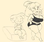 anthro band-aid bandage big_breasts big_butt breasts butt cellphone cleavage clothed clothing duo electronics female game_console male musical_note musical_symbol phone symbol thick_thighs purple_yoshi_draws animal_crossing nintendo nintendo_switch cushion_(purpsyoshi) isabelle_(animal_crossing) canid canine canis domestic_dog human mammal shih_tzu toy_dog hi_res monochrome