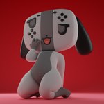 1:1 3d_(artwork) ambiguous_gender animate_inanimate anthro black_ears black_nose digital_media_(artwork) gloves_(marking) grey_background grey_body hand_on_face hi_res kneeling leg_markings looking_up markings multicolored_body nintendo nintendo_switch open_mouth red_background simple_background socks_(marking) solo suggestive_look suggestive_pose switch_dog thick_thighs two_tone_body username-password