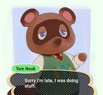 animal_crossing argyle_(pattern) blue_background blue_eyes blush brown_body brown_fur canid canine clothed clothing comic comic_panel dialogue dress_shirt english_text fully_clothed fur green_clothing green_topwear green_vest header header_box male mammal melanpsycholia necktie nintendo raccoon_dog raised_hand red_necktie shirt simple_background solo speech_bubble standing tanuki text text_header tom_nook_(animal_crossing) topwear vest white_background white_clothing white_shirt white_topwear
