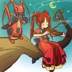 1:1 anthro bow_(stringed_instrument) bowed_string_instrument branch clothed clothing cosplay dress duo eyes_closed female fully_clothed generation_4_pokemon hair hitec holding_musical_instrument holding_object human in_tree kricketune mammal musical_instrument night nintendo on_branch outside plant playing_music playing_violin pokemon pokemon_(species) pokemon_trainer red_hair semi-anthro sitting sky star starry_sky string_instrument tree violin