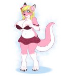 anthro big_breasts blonde_hair blue_eyes blush bottomwear bra breasts clothed clothing exposed_breasts female fur hair horn pink_body pink_fur skirt slightly_chubby solo tail tail_under_skirt text underwear kina_heijima mythology roketchu canid canine canis dragon hybrid mammal mythological_creature mythological_scalie scalie wolf absurd_res english_text hi_res