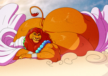 anthro bed_sheet bedding belly big_belly big_butt butt cloud cuffs_(clothing) fur half-closed_eyes jewelry lying lying_on_cloud male mane mouth_closed narrowed_eyes necklace nude obese obese_anthro obese_male on_front overweight overweight_anthro overweight_male raised_tail smile smiling_at_viewer smirk smirking_at_viewer solo tail tail_tuft tuft whiskers reagan700 disney the_lion_king mufasa felid lion mammal pantherine 2026 artist_collaboration hi_res