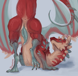 animal_genitalia animal_penis anus cetacean_genitalia cetacean_penis feral genitals green_body horn looking_at_viewer penis red_body solo spikes spikes_(anatomy) stripes tapering_penis wings jupizoro mythology dragon mythological_creature mythological_scalie scalie absurd_res hi_res