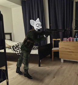 alcohol anthro assault_rifle bed beverage boots bullet bullet_casing bulletproof_vest camo camo_clothing camo_print can clothing container female finnish_flag firing_weapon footwear fur furniture gloves gun gunshot handwear holding_assault_rifle inside leather leather_boots leather_clothing leather_footwear military_uniform pattern_clothing photo_background pupils ranged_weapon rifle shoes shooting slit_pupils smile solo teeth tired_eyes uniform weapon white_body white_fur eloisanon eloisa draw_over mixed_media photography_(artwork)