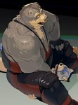 anthro asphyxiation biceps clothing dominant duo fingerless_gloves gloves handwear male male/male mask musclegut muscular open_mouth slightly_chubby spiral_eyes tongue tongue_out unconscious wrestling wrestling_singlet motogen bear canid canine canis mammal wolf 2015 absurd_res hi_res